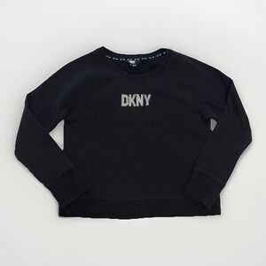 DKNY Womens Y2K Sport Black Spell out Sweatshirt Crewneck Silver‎ Sequin Medium